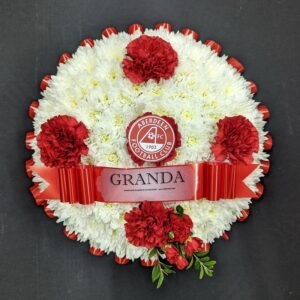 Aberdeen Football Club funeral posy with red and white flowers