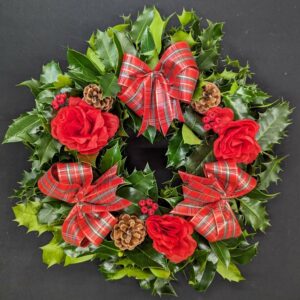 Christmas Holly Wreath 2 Holly wreath with red roses, pinecones, and tartan bows
