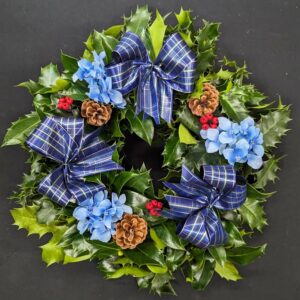 Christmas Holly Wreath 4 Holly wreath with blue hydrangeas and plaid ribbons