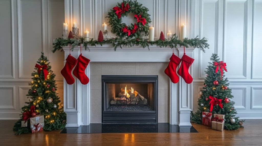 Christmas Wreath Display Above the Fireplace Mantel