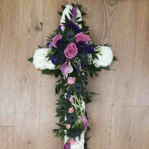 White chrysanthemum and rose funeral cross tribute