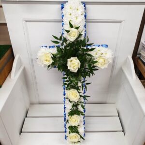White rose funeral cross tribute