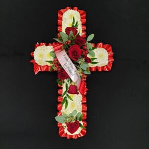 White chrysanthemum and red rose funeral cross tribute