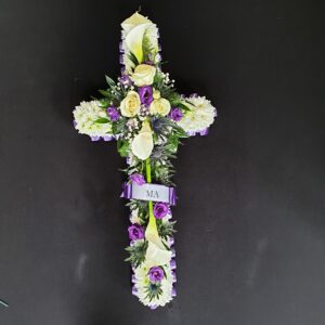 White calla lily and rose funeral cross tribute
