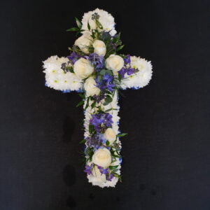 White and purple Funeral Flower Cross