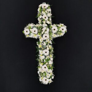 White gerbera's funeral cross tribute