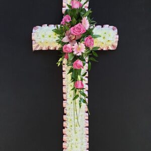 Pink rose & carnation funeral cross tribute