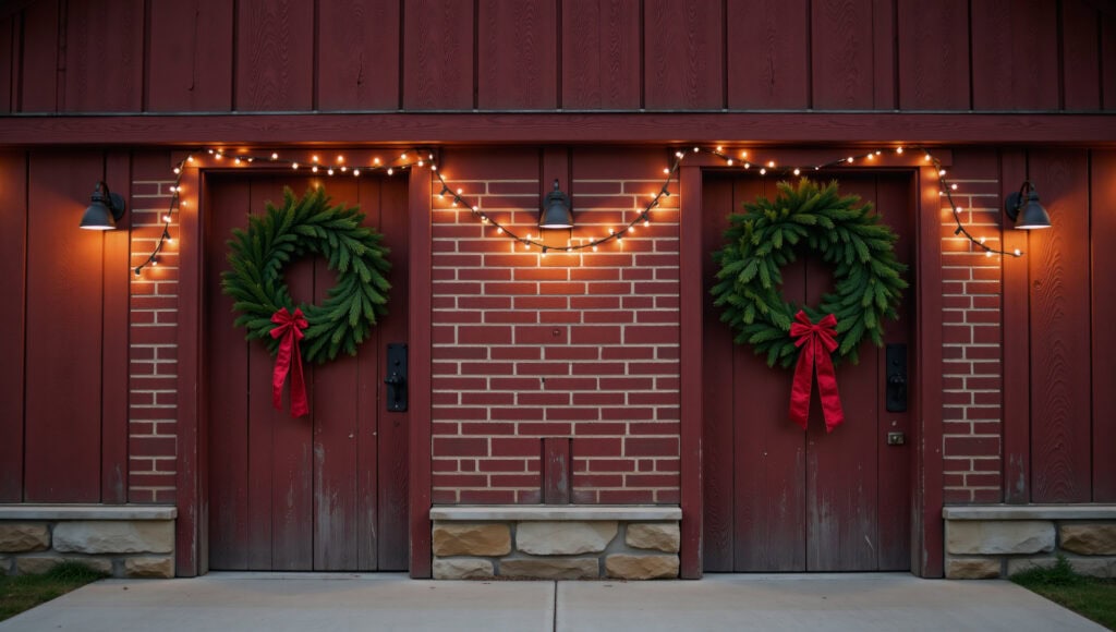 Double Christmas Wreath Display on Outdoor Doors