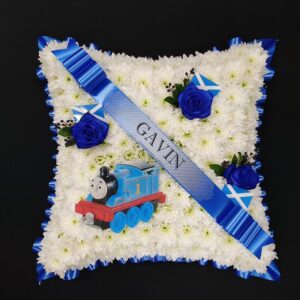 White chrysanthemum and blue rose funeral cushion