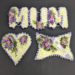 Funeral flower arrangements with MUM tribute and heart shape