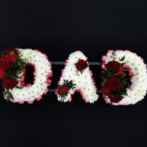 White chrysanthemum and red rose 'DAD' funeral tribute