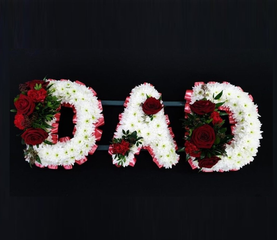 Letters 1 small White chrysanthemum and red rose 'DAD' funeral tribute
