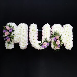 White chrysanthemum Funeral MUM Letters with roses