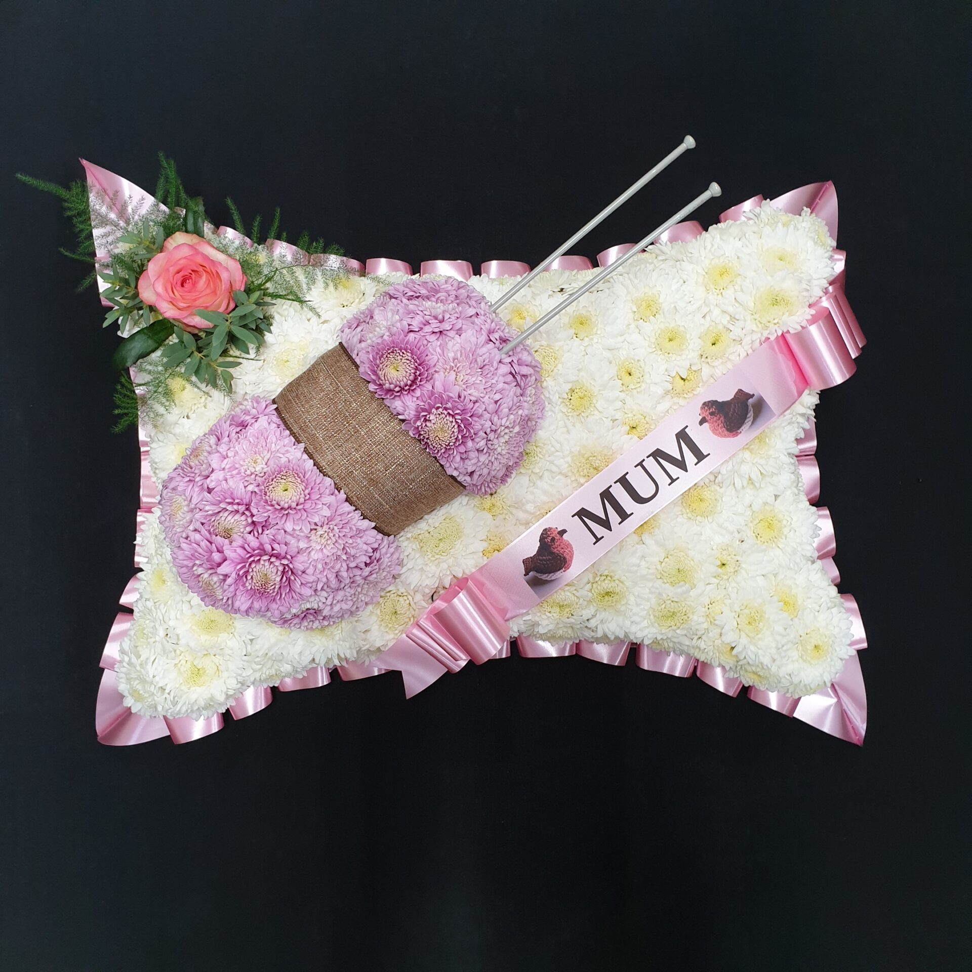 Pillow 10 scaled Funeral pillow arrangement with flowers and 'MUM' ribbon