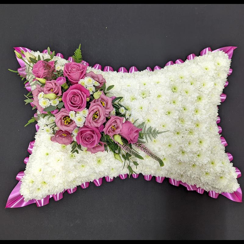 Pillow 13 Pink rose and white chrysanthemum funeral pillow arrangement