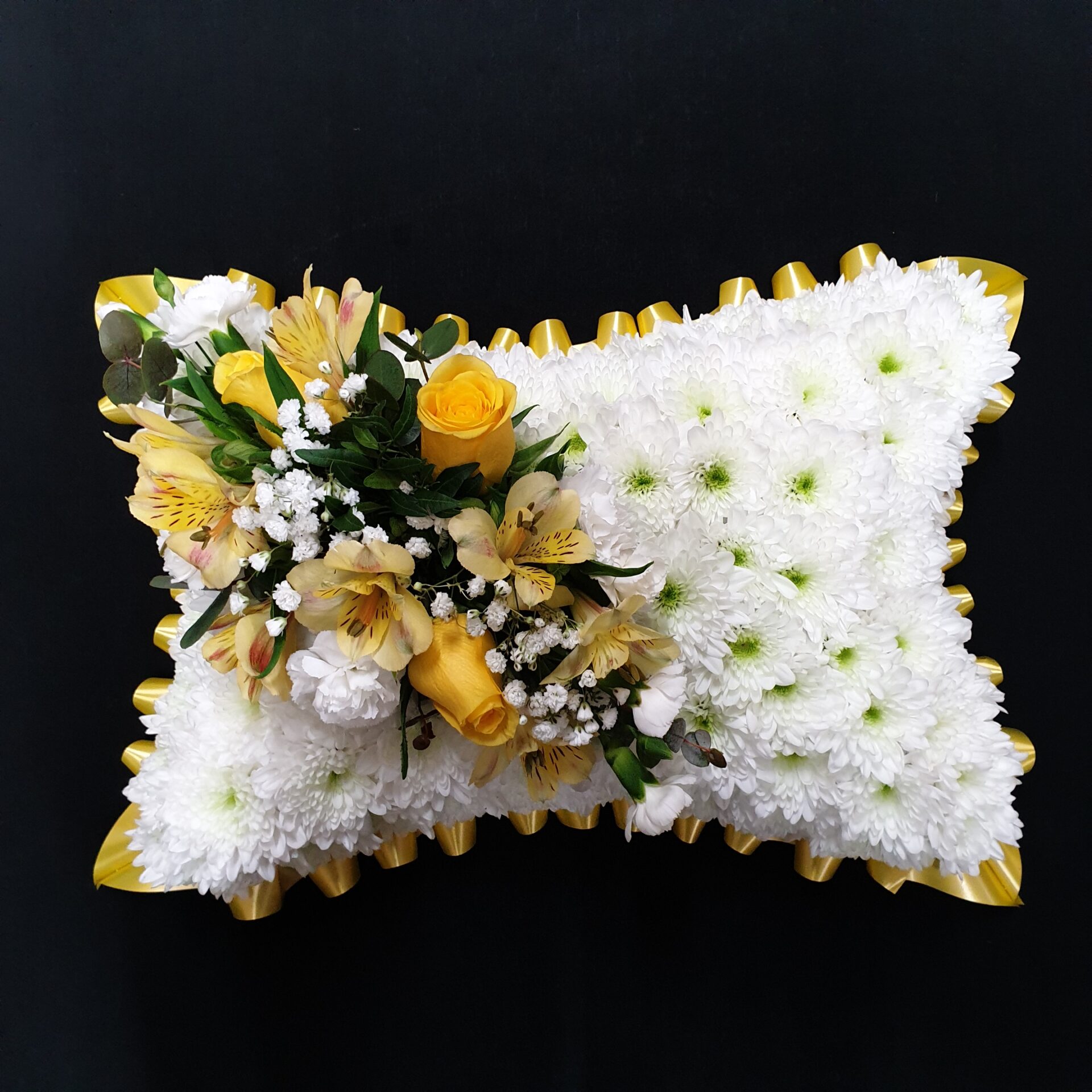 Pillow 6 scaled White chrysanthemums and yellow roses funeral pillow tribute