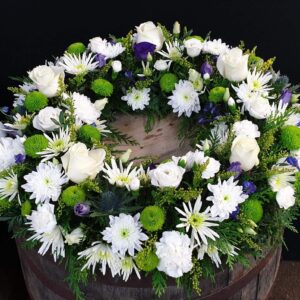 White rose and Purple Statice funeral wreath tribute