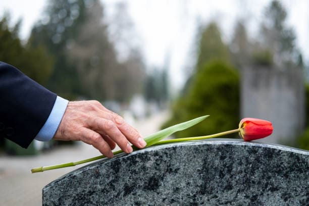 A man putting a tulip in a tomb
